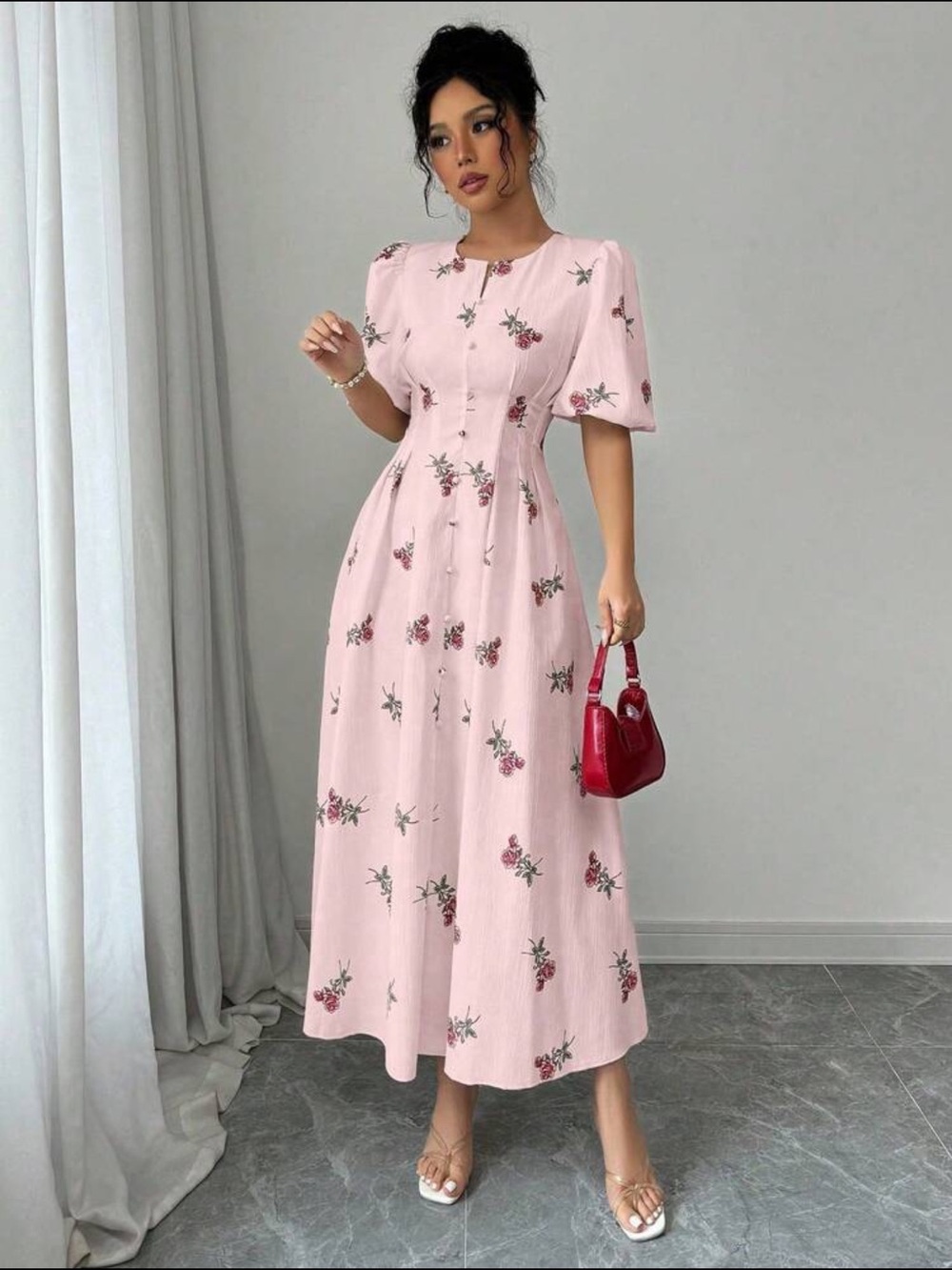 Pink Floral 🌷 Midi Dress